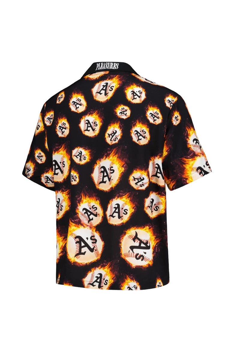 Men's PLEASURES  Black Oakland Athletics Flame Fireball Button-Up Shirt, Alternate, color, Black