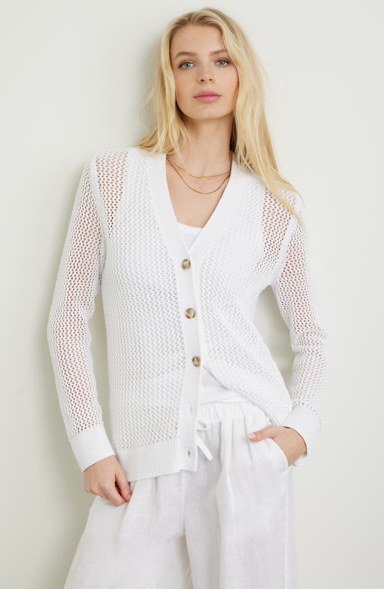 Caslon<sup>®</sup> Open Stitch V-Neck Cotton Cardigan, Main, color, White