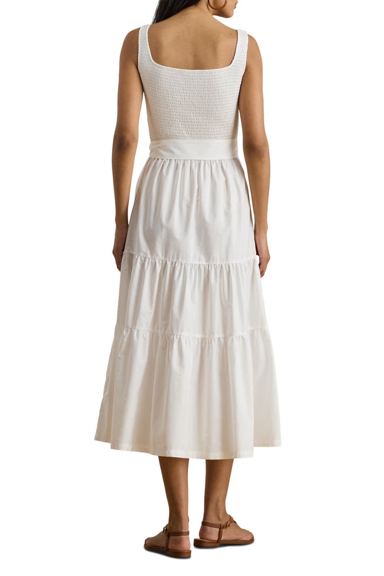 Smocked Bodice Sleeveless Tiered Midi Dress, Alternate, color, WHITE