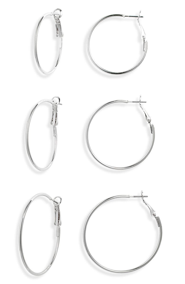 BP. Set of 3 Thin Hoop Earrings, Main, color, Sterling Silver