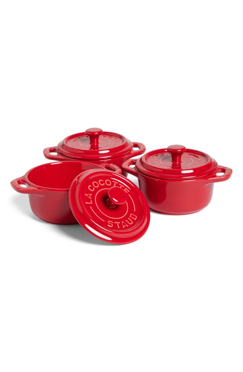 Staub Cherry 3-Piece Mini Round Cocotte Set, Main, color, Cherry