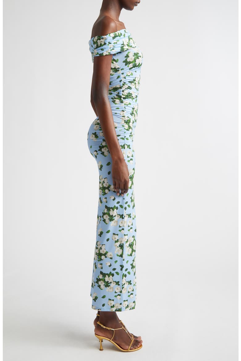 Floral Print Ruched Off the Shoulder Jersey Dress, Alternate, color, CLOUDY BLUE MULTI