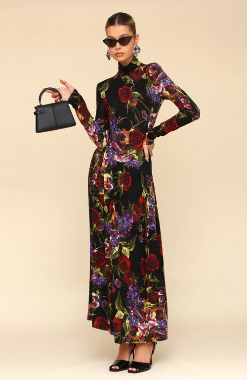 Avec Les Filles Floral Long Sleeve Jersey Maxi Dress In Dark Portofino Rose