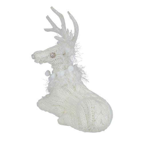 Northlight Cable Knit Sweater Sitting Reindeer Christmas Figure In White