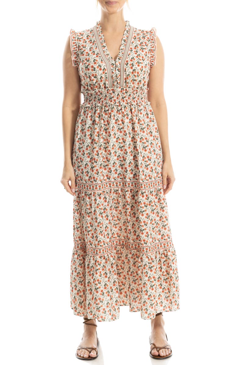 MAX STUDIO Smocked Fit & Flare Maxi Dress, Main, color, Cream/ Pink Bell Flower