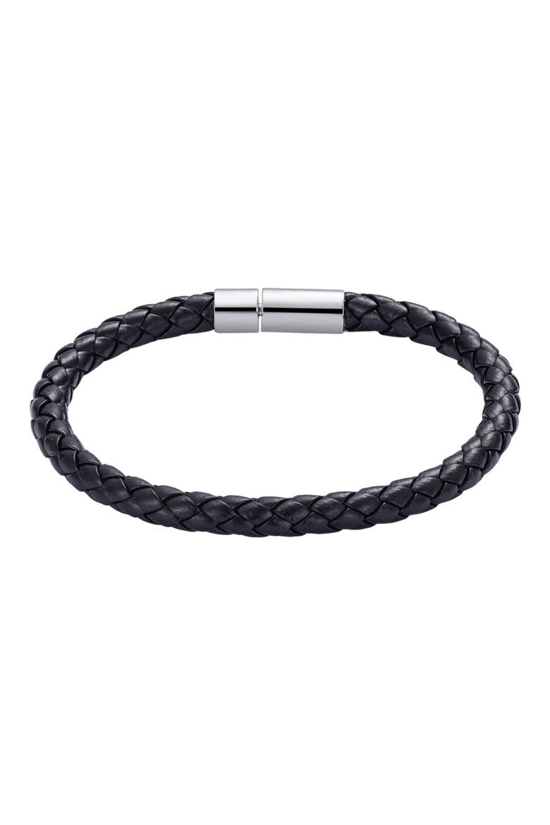 Men's Black Woven Faux Leather Bracelet, Main, color, BLACK/ SILVER