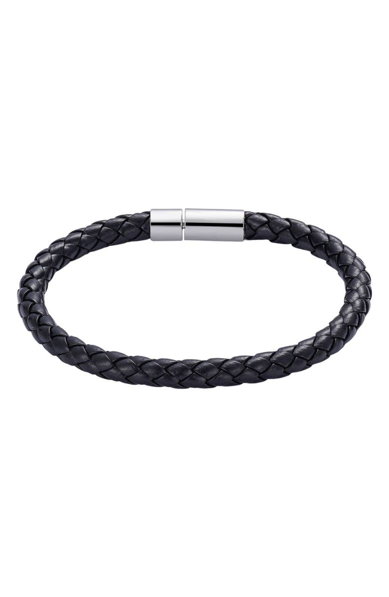 Adornia Men's Black Woven Faux Leather Bracelet, Main, color, Black/ Silver