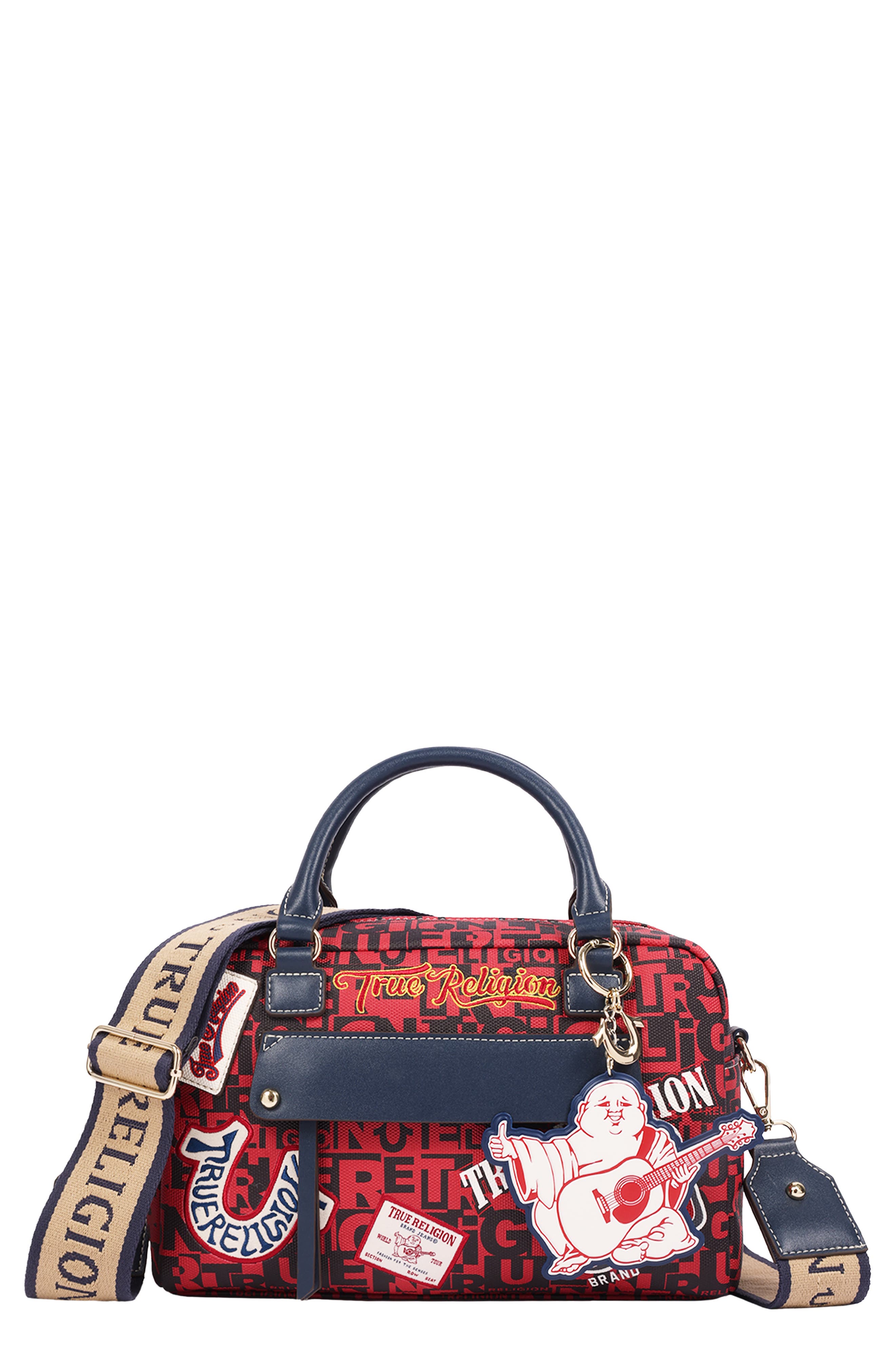 Multi Patch Graphic Faux Leather Satchel, Main, color, RED