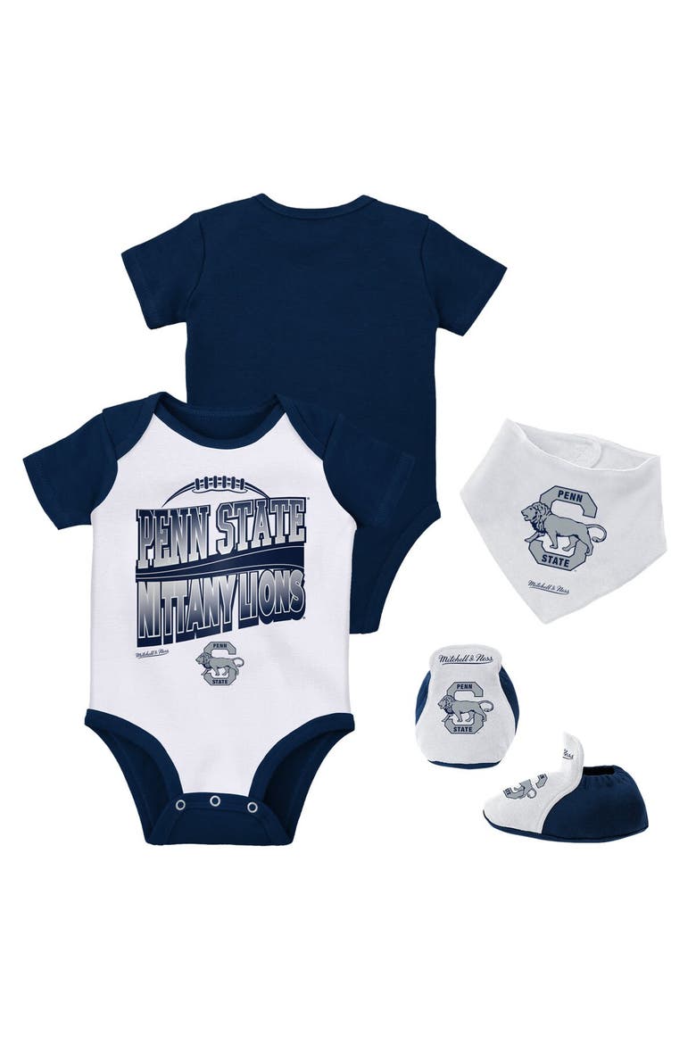Infant Mitchell & Ness Navy/White Penn State Nittany Lions 3-Pack Bodysuit, Bib and Bootie Set, Main, color, Navy