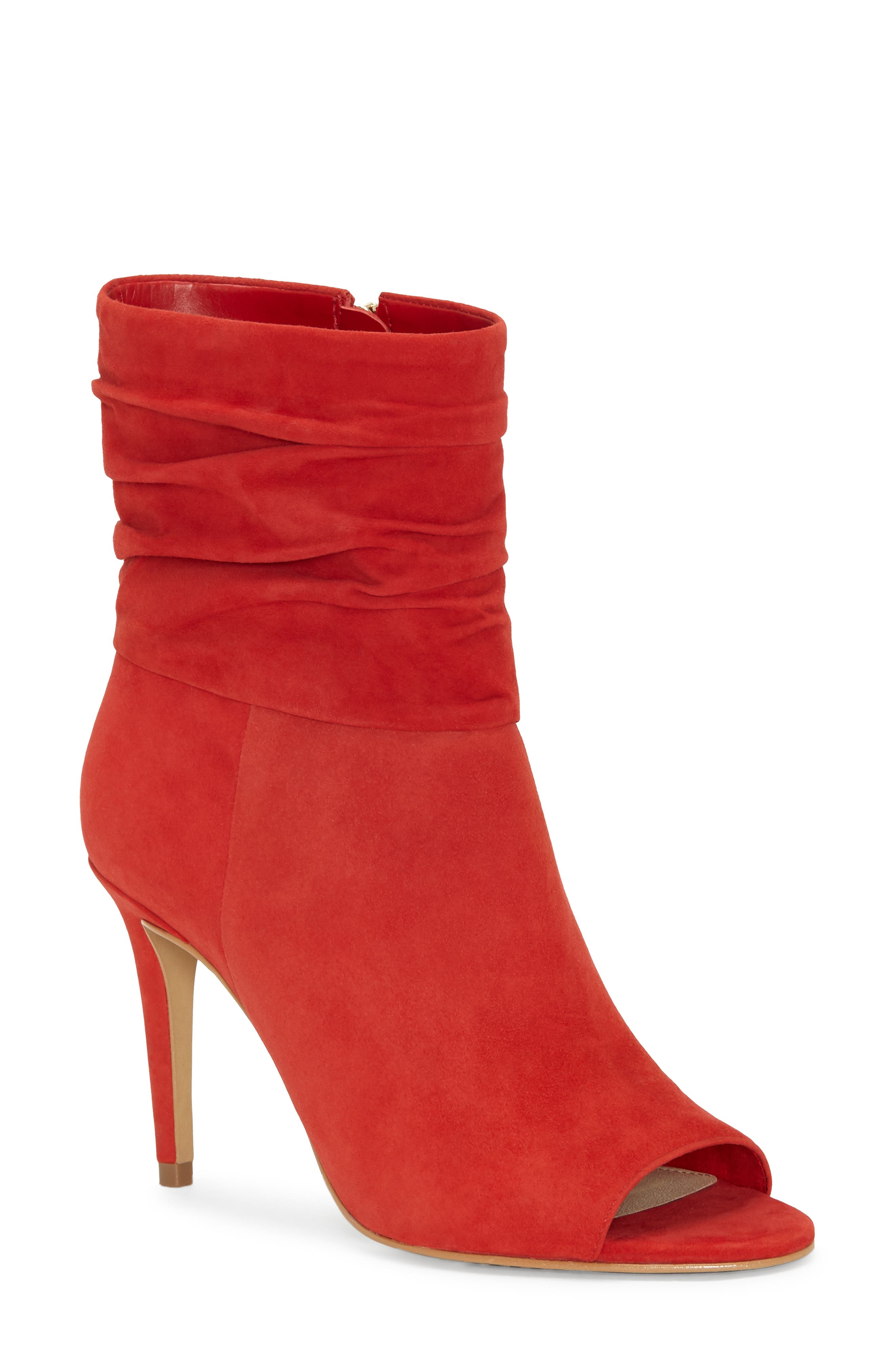 Catillia Open Toe Bootie, Main, color, TOMATOE TANGO SUEDE
