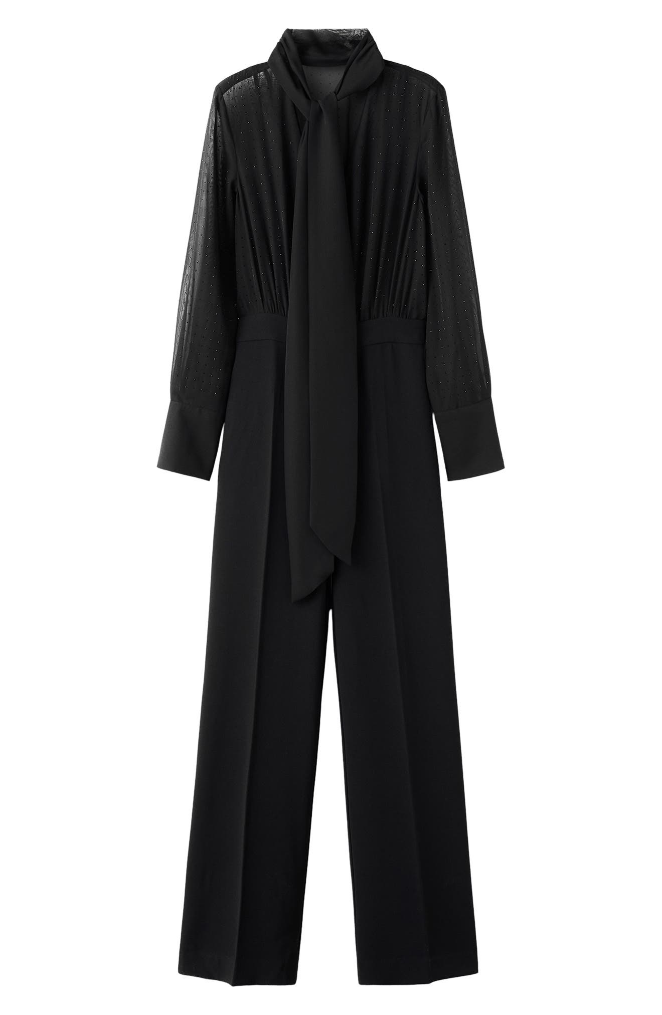 MANGO Diamante Detail Mixed Media Long Sleeve Jumpsuit