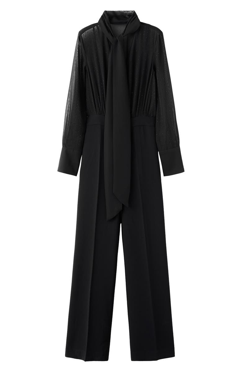 MANGO Diamante Detail Mixed Media Long Sleeve Jumpsuit, Main, color,