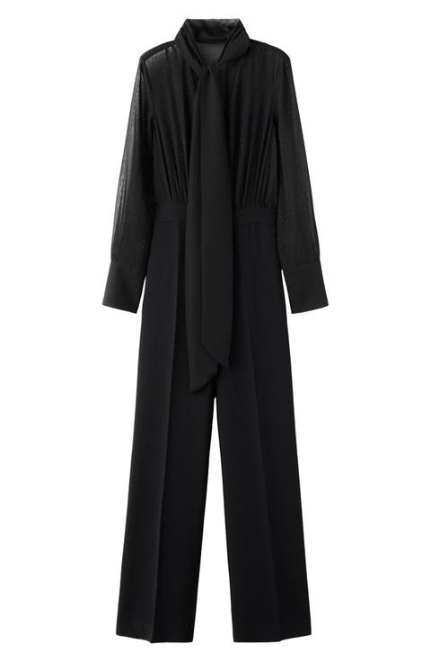 Diamante Detail Mixed Media Long Sleeve Jumpsuit