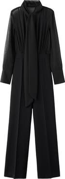 MANGO Diamante Detail Mixed Media Long Sleeve Jumpsuit