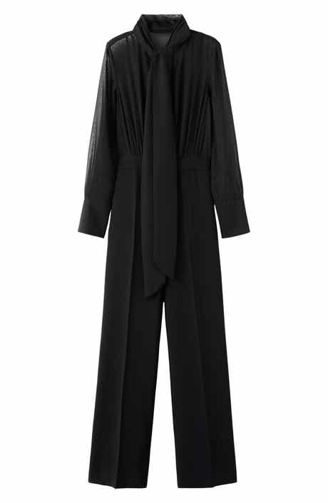 MANGO Diamante Detail Mixed Media Long Sleeve Jumpsuit