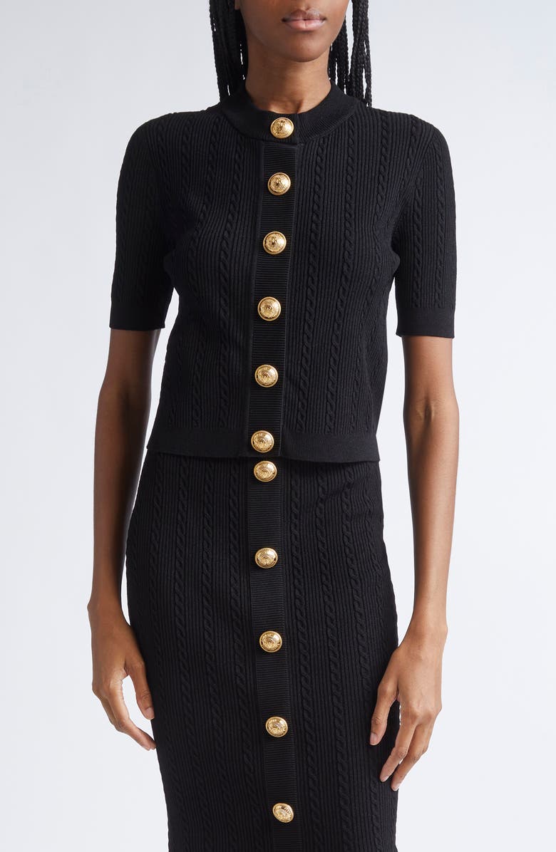 Balmain Cable Stitch Short Sleeve Cardigan, Main, color, 0Pa Black
