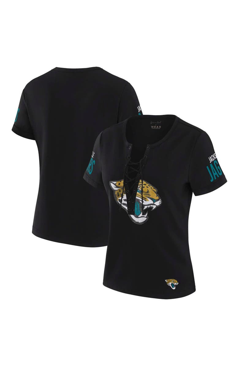 WEAR by Erin Andrews Women's WEAR by Erin Andrews x Gracie Hunt Black Jacksonville Jaguars Draft Me Lace-Up T-Shirt, Main, color, 