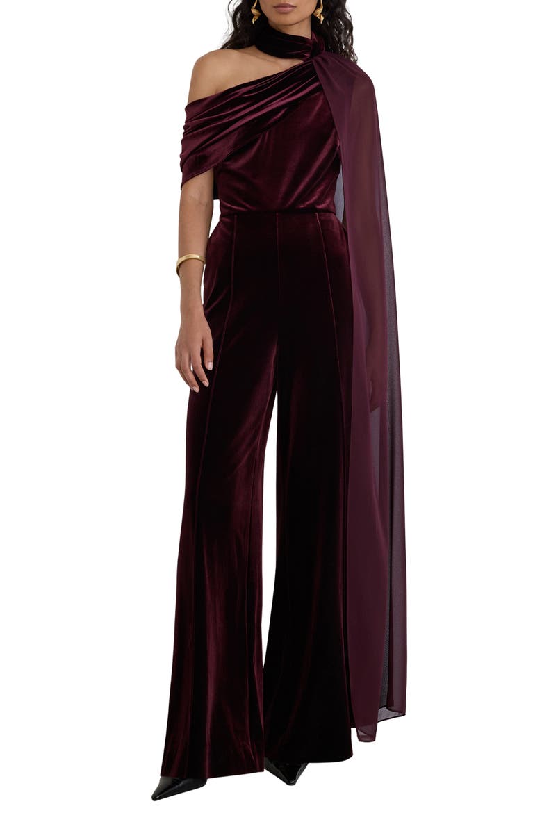 Carrie One-Shoulder Wide Leg Velvet Jumpsuit, Main, color, BURGUNDY