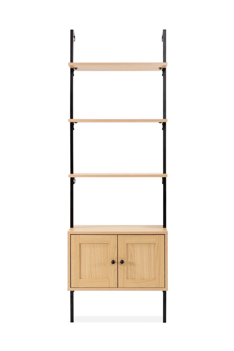 Tulare MidCentury Industrial 4-Shelf Wood Wall-Mounted Open Ladder Bookcase with Cabinet and Metal Frame, Alternate, color, Light Oak/Black