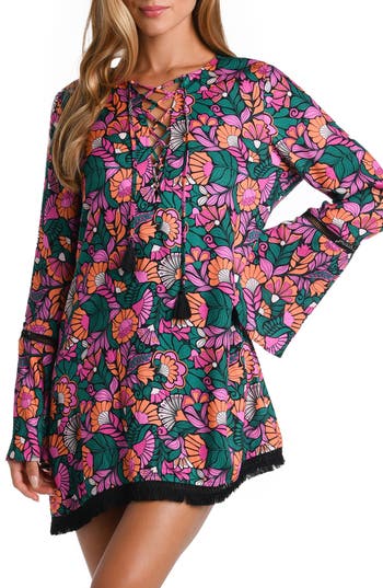 Sunshine 79 Floral Lace-up Cover-up Tunic Shirt In Pink Multi