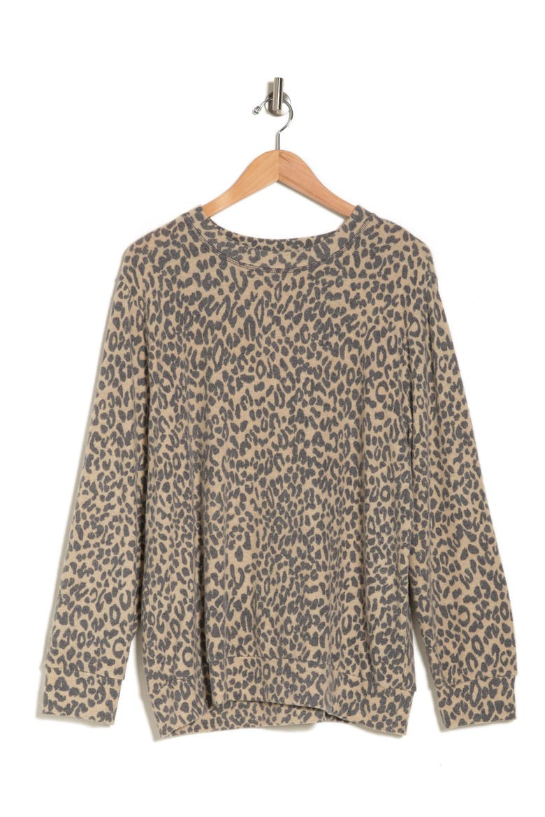 Loveapella Brushed Leopard Print Long Sleeve Crewneck Top, Alternate, color, CAMEL/ BLACK