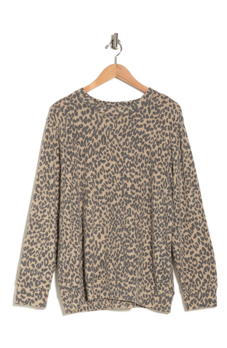 Loveappella Loveapella Brushed Leopard Print Long Sleeve Crewneck Top, Alternate, color, Camel/ Black