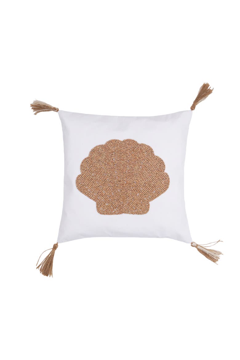 Shell Handmade Wood Beaded Throw Pillow, Main, color, Orange