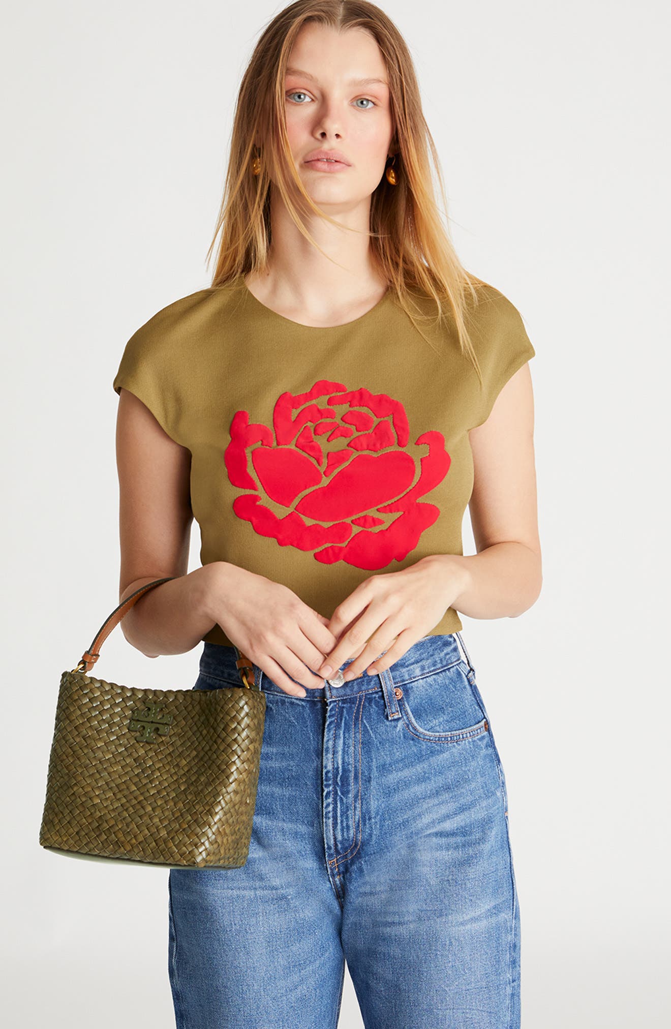 Tory Burch McGraw Dragon Woven Leather Bucket Bag, Alternate, color, 