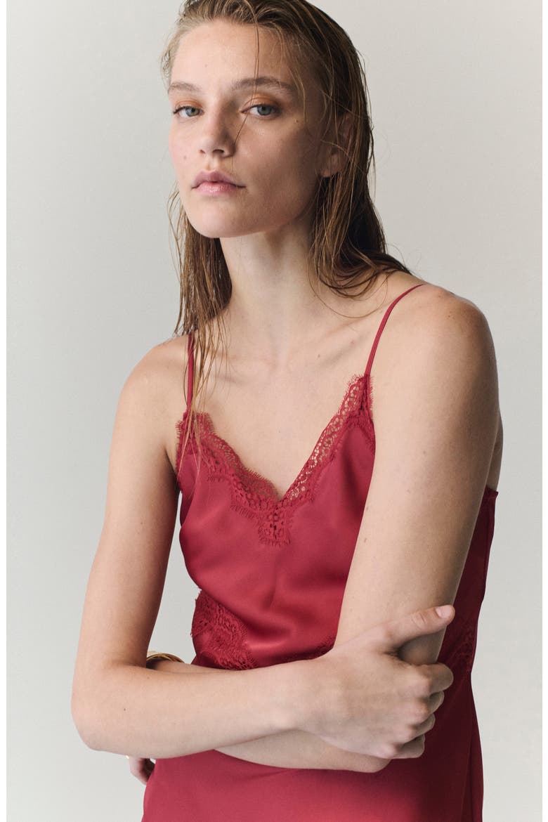 Lace Trim Satin Slipdress, Alternate, color, RED