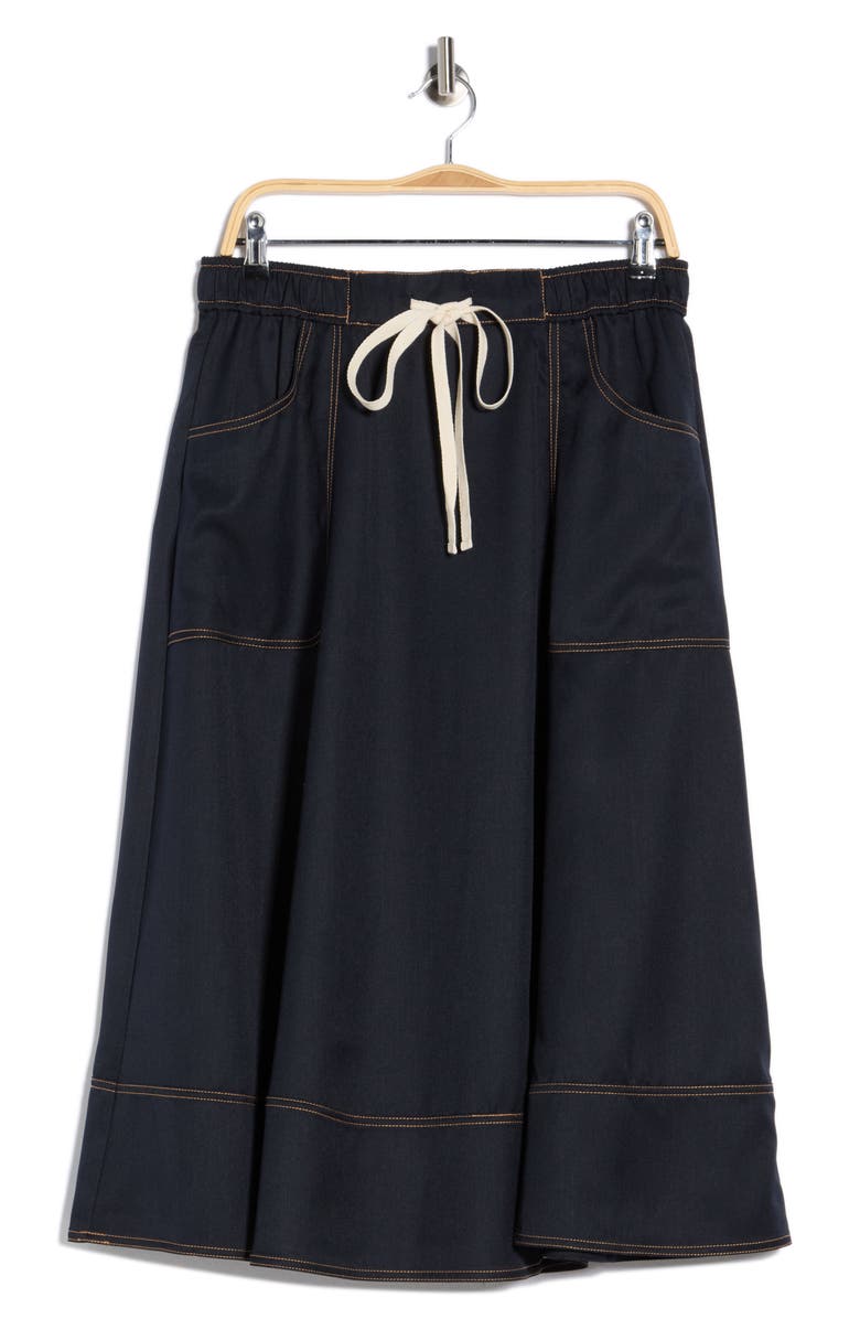 Adrianna Papell Topstitch Drawstring Waist Midi Skirt, Main, color, Navy/ Khaki