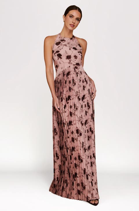Floral Halter Pleated Ruffle Maxi Dress