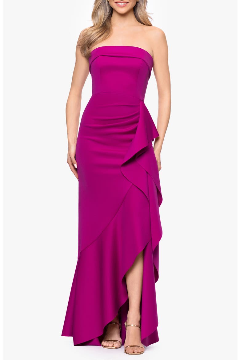 Cascade Ruffle Strapless Scuba Crepe Gown, Main, color, ORCHID