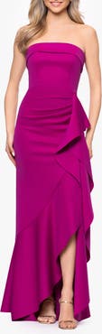 Xscape Evenings Cascade Ruffle Strapless Scuba Crepe Gown