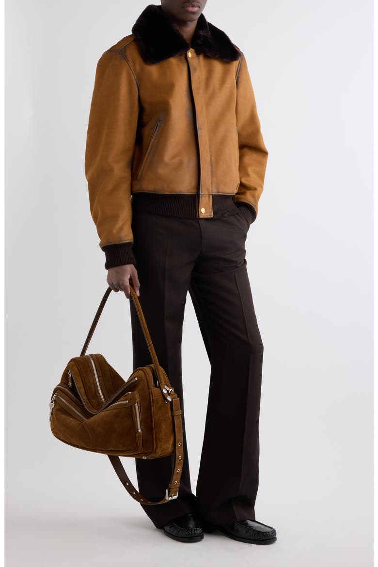 Lorby Genuine Shearling Collar Suede Bomber Jacket, Alternate, color, COGNAC BROWN