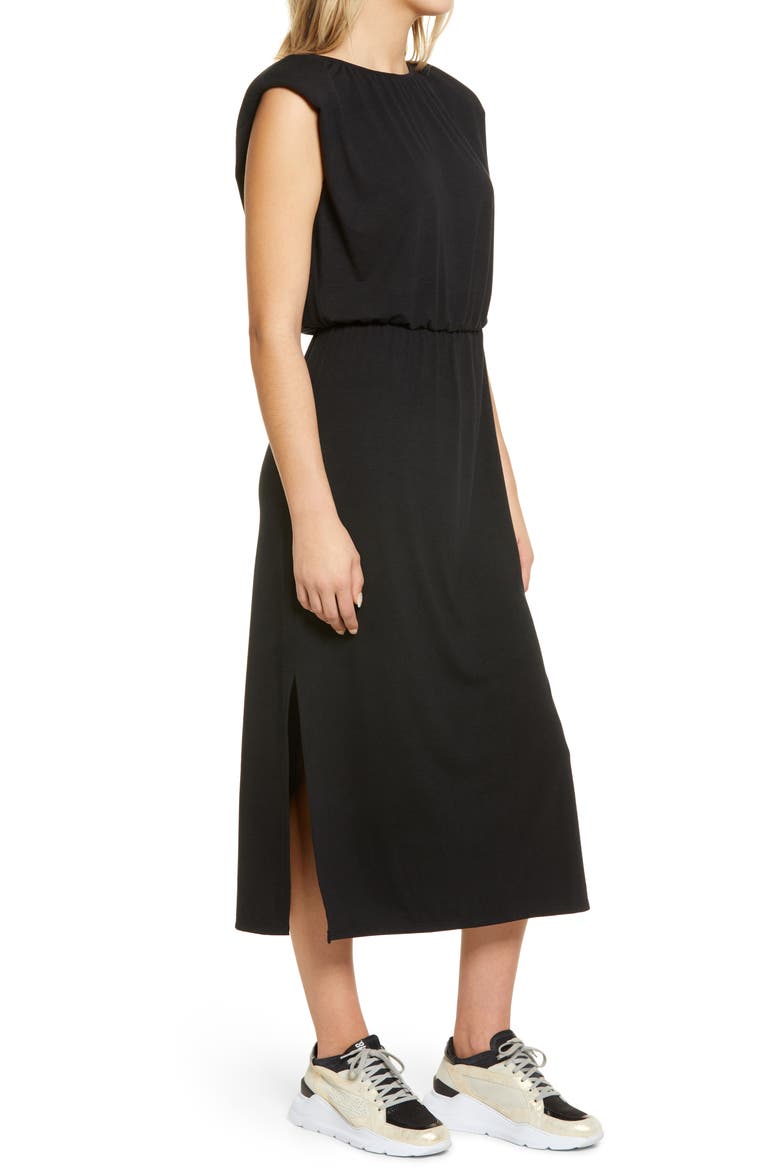 Padded Shoulder Midi Dress, Alternate, color, BLACK