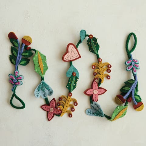 Whimsical Wool Felt Garland with Flowers & Hearts