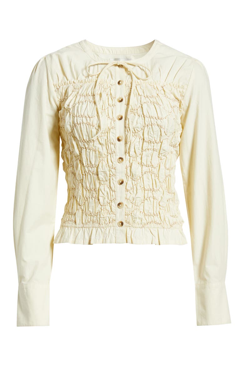 Elliana Smocked Organic Cotton Cardigan, Alternate, color, BUTTER