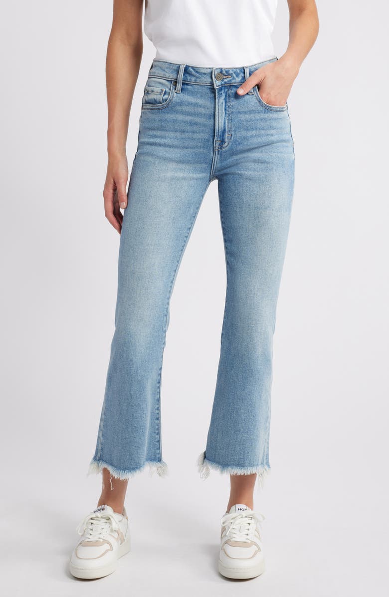 HIDDEN JEANS High Waist Raw Hem Crop Flare Jeans, Main, color, Light Wash