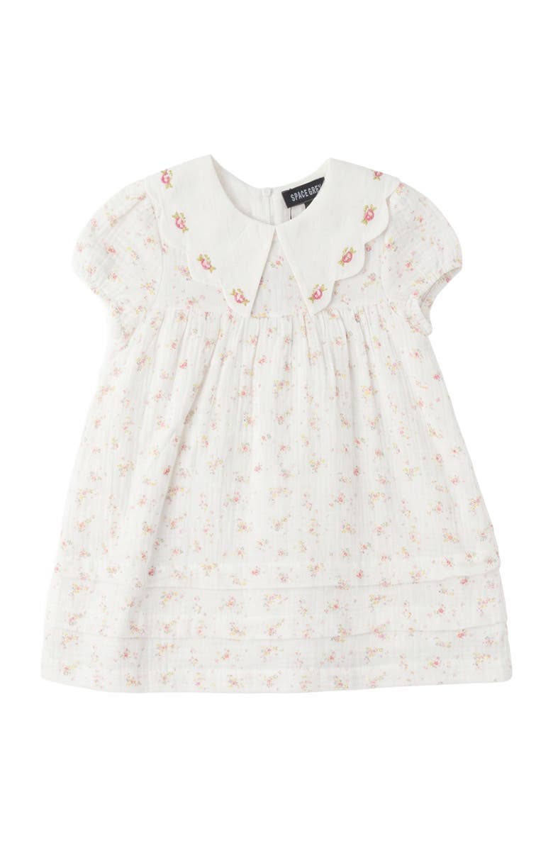 Space Grey Floral Gauze Dress with Scallop Collar, Main, color, White