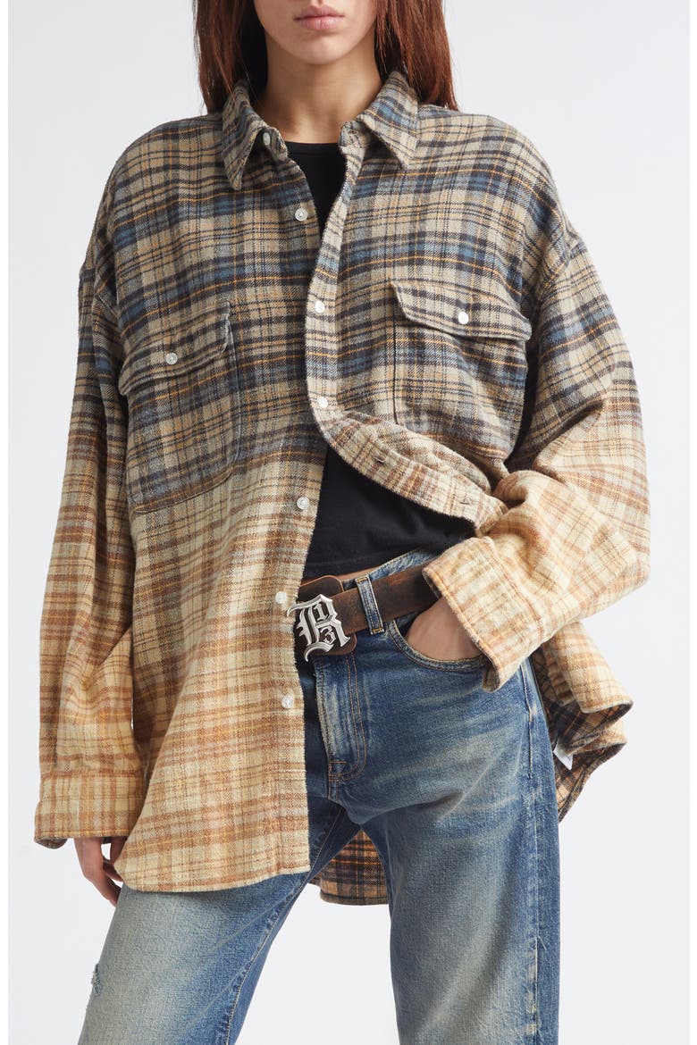 Dip Dye Plaid Button-Up Boyfriend Shirt, Main, color, DIP BLEACH BLUE YELLOW PLAID