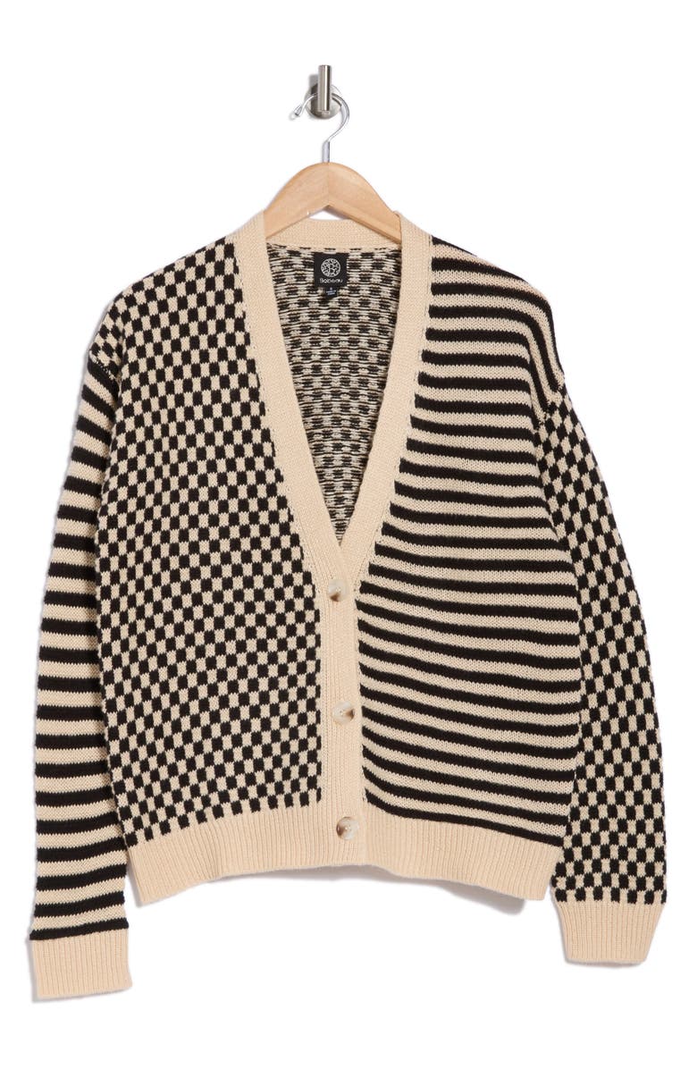 Bobeau Checks & Stripes Cardigan, Alternate, color, Black/ Tan