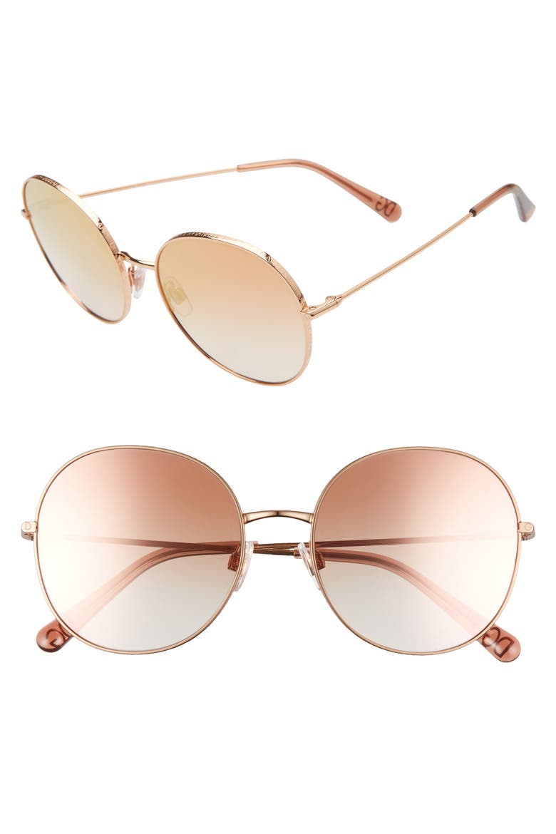 56mm Round Sunglasses, Main, color, GOLD/ PINK GRADIENT MIRROR