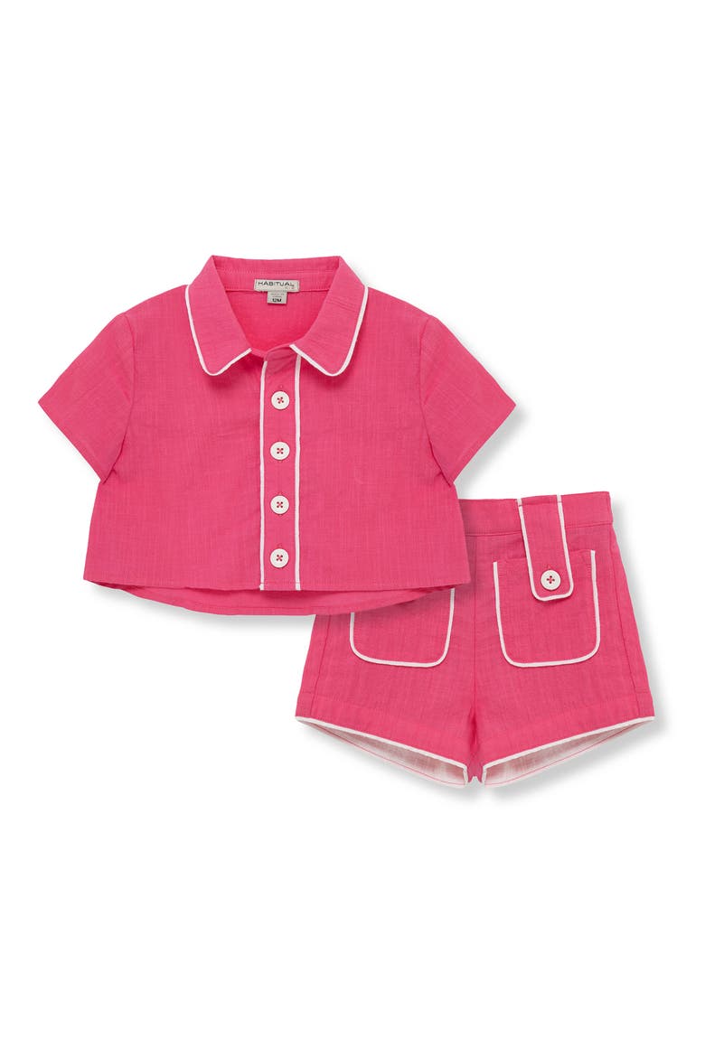 Contrast Piping Cotton Button-Up Shirt & Shorts Set, Main, color, PINK