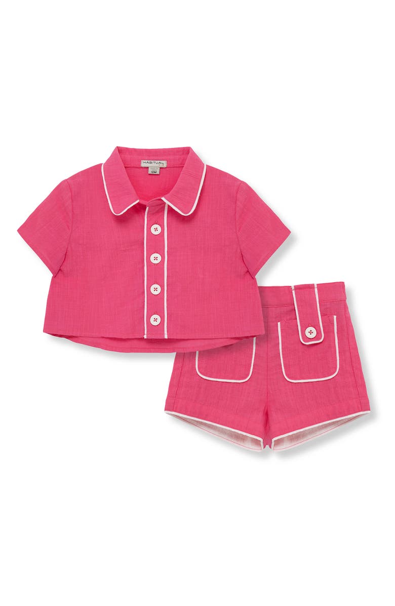 Habitual Kids Contrast Piping Cotton Button-Up Shirt & Shorts Set, Main, color, Pink