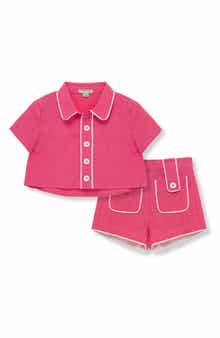 Contrast Piping Cotton Button-Up Shirt & Shorts Set