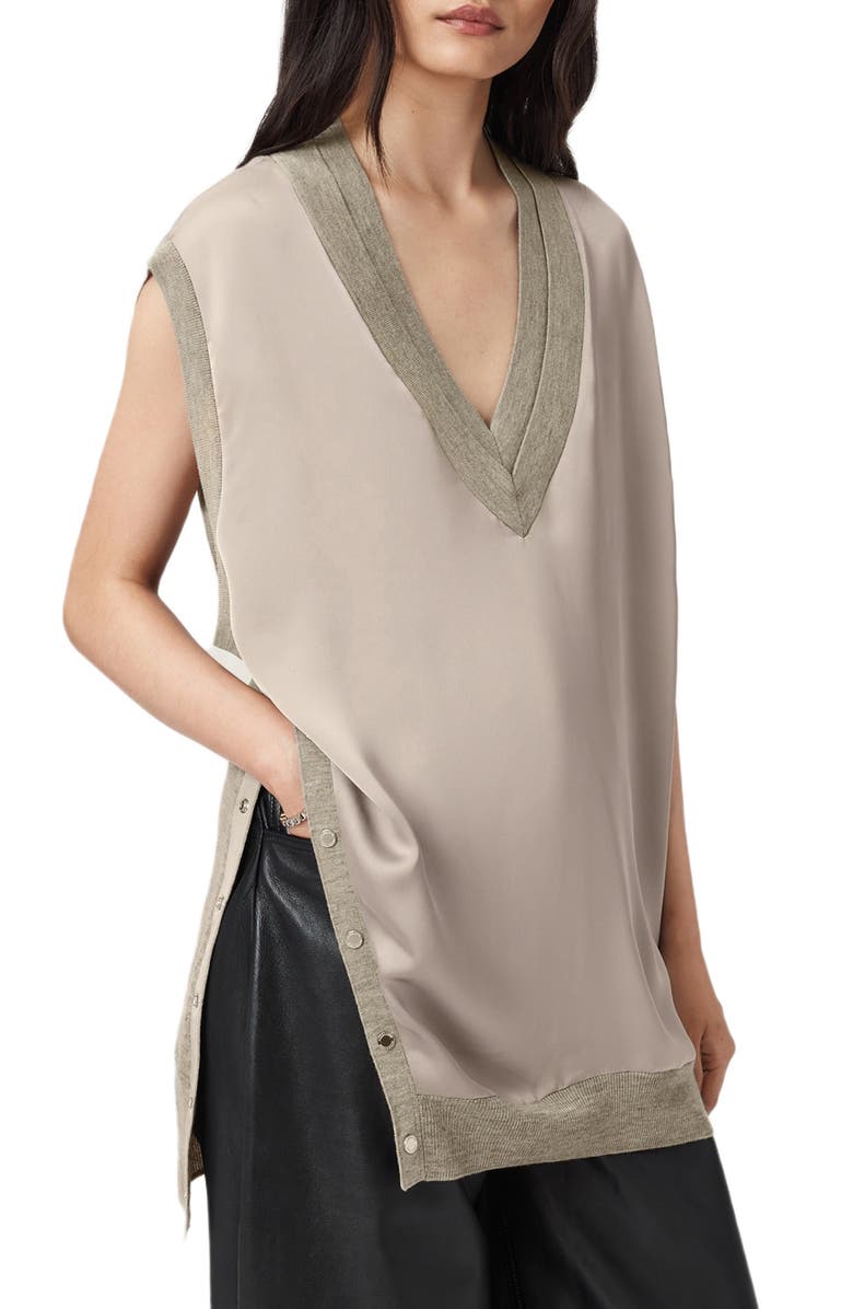 AllSaints Bern Side Snap Mixed Media Sweater Tank, Alternate, color, Taupe Grey