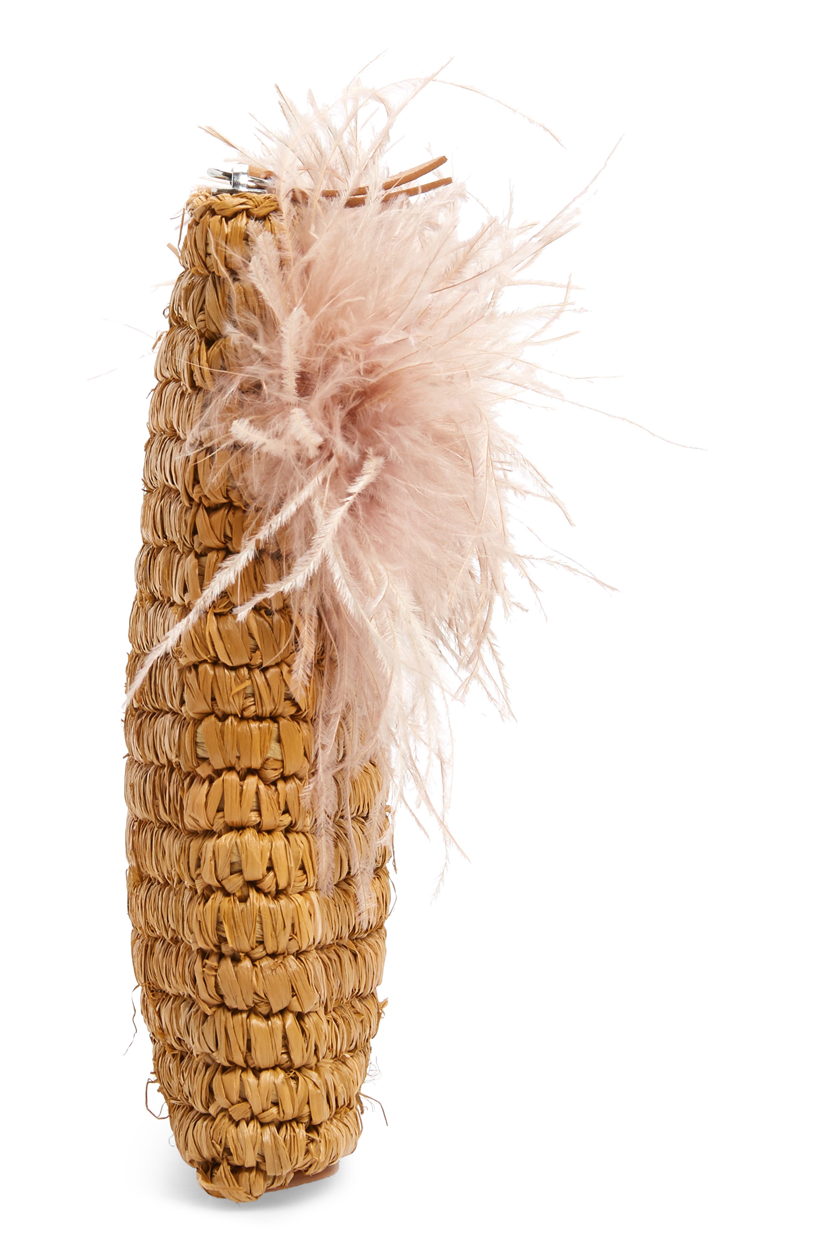 Feather Trim Straw Clutch, Alternate, color, MIEL/ BUFF PINK