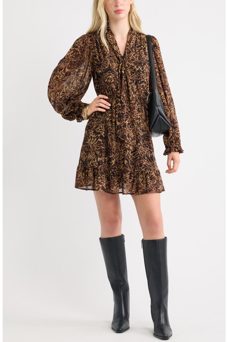 Tie Neck Long Sleeve Minidress, Alternate, color, TAN- BLACK LEOPARD ABSTRACT