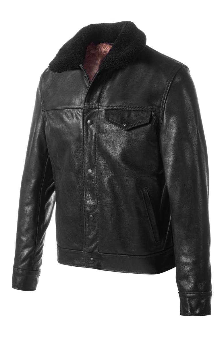 Leather Trucker Jacket with Genuine Sheepskin Collar, Alternate, color, BLACK