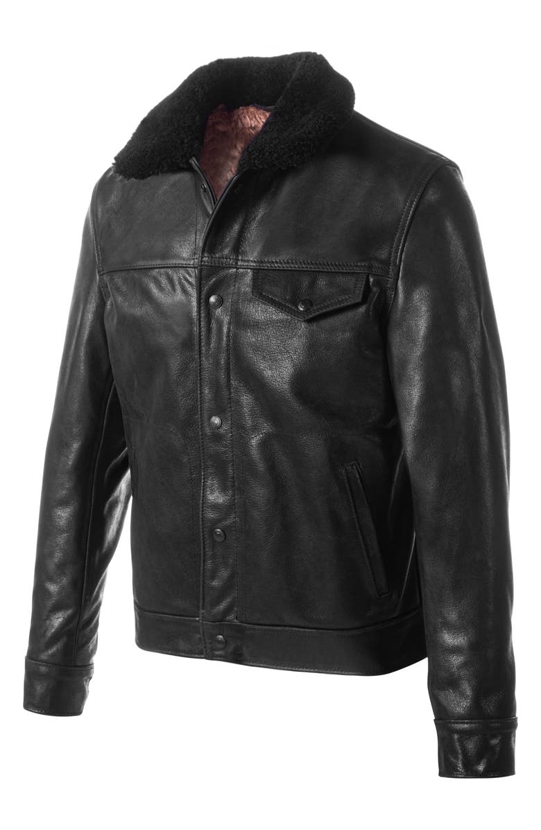Schott NYC Leather Trucker Jacket with Genuine Sheepskin Collar, Alternate, color,